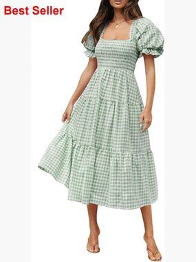 Rayon Bohemian Square Neck Puff Sleeve Ruffle Midi Dress